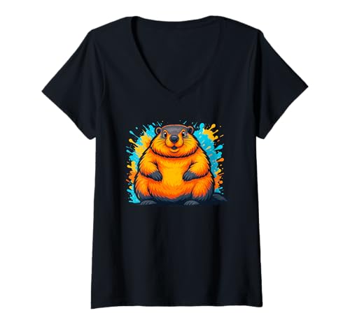 Damen Lustiges molliges Murmeltier bunt T-Shirt mit V-Ausschnitt Damen Lustiges molliges Murmeltier bunt T-Shirt mit V-Ausschnitt von Logiamerch Animals