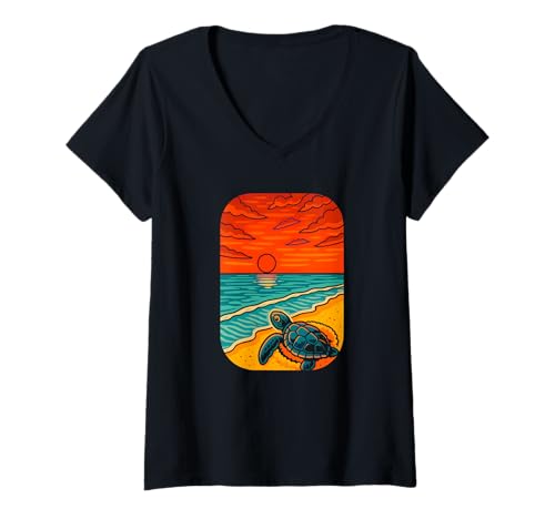 Damen Meeresschildkröte Sonnenuntergang Strand Meeresschutz T-Shirt mit V-Ausschnitt Damen Meeresschildkröte Sonnenuntergang Strand Meeresschutz T-Shirt mit V-Ausschnitt von Logiamerch Animals