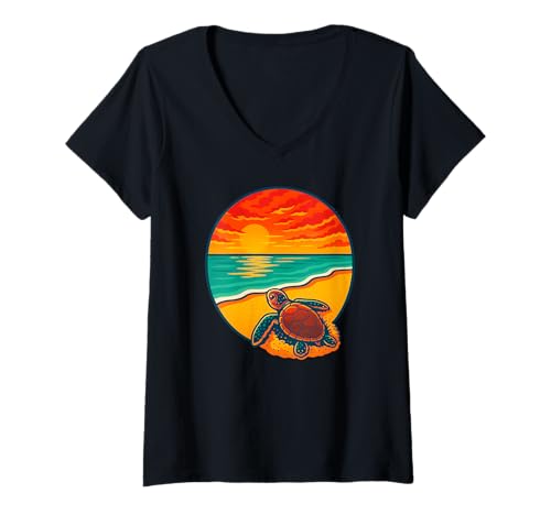 Damen Meeresschildkröte bei Sonnenuntergang, Strand, Meeresschutz T-Shirt mit V-Ausschnitt Damen Meeresschildkröte bei Sonnenuntergang, Strand, Meeresschutz T-Shirt mit V-Ausschnitt von Logiamerch Animals