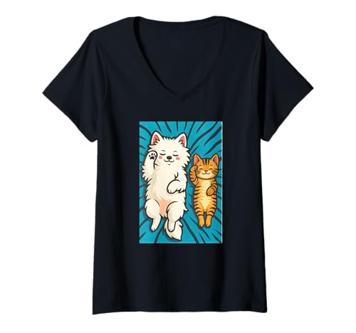 Damen Niedlicher Hund und Katze, schlafende Freunde, Liebestiere T-Shirt mit V-Ausschnitt Damen Niedlicher Hund und Katze, schlafende Freunde, Liebestiere T-Shirt mit V-Ausschnitt von Logiamerch Animals