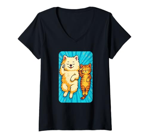 Damen Niedlicher Hund und Katze, schlafende Freunde, Liebestiere T-Shirt mit V-Ausschnitt Damen Niedlicher Hund und Katze, schlafende Freunde, Liebestiere T-Shirt mit V-Ausschnitt von Logiamerch Animals