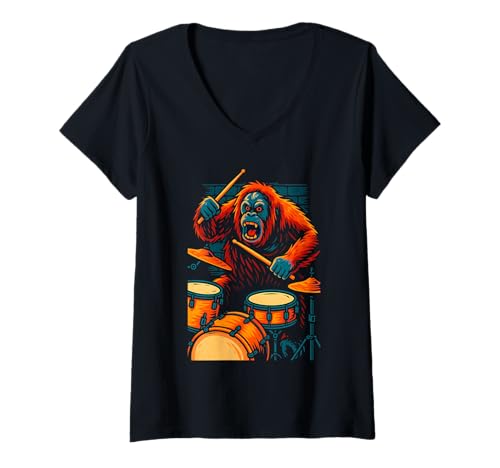 Damen Orang-Utan spielt Trommeln lustige Tierkunst T-Shirt mit V-Ausschnitt Damen Orang-Utan spielt Trommeln lustige Tierkunst T-Shirt mit V-Ausschnitt von Logiamerch Animals
