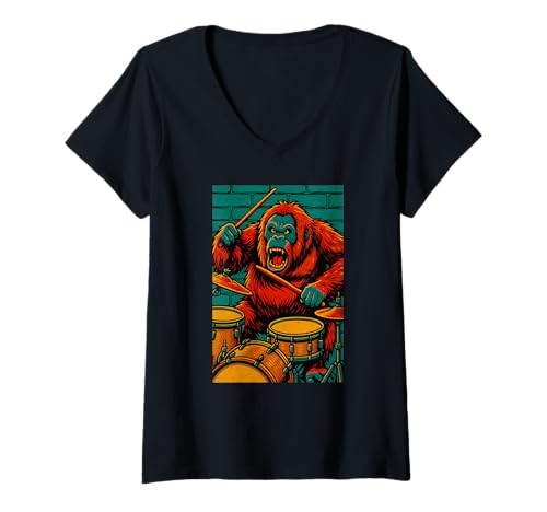 Damen Orang-Utan spielt Trommeln lustige Tierkunst T-Shirt mit V-Ausschnitt Damen Orang-Utan spielt Trommeln lustige Tierkunst T-Shirt mit V-Ausschnitt von Logiamerch Animals