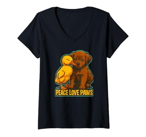 Damen Peace Love Paws Welpe und Ente Freundschaft T-Shirt mit V-Ausschnitt Damen Peace Love Paws Welpe und Ente Freundschaft T-Shirt mit V-Ausschnitt von Logiamerch Animals