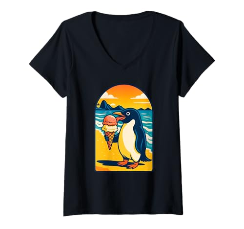 Damen Pinguin isst Eiscreme Strand Sonnenuntergang T-Shirt mit V-Ausschnitt Damen Pinguin isst Eiscreme Strand Sonnenuntergang T-Shirt mit V-Ausschnitt von Logiamerch Animals