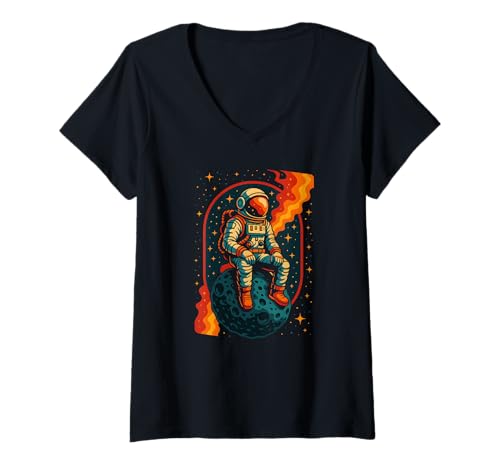 Damen Einsamer Astronaut sitzt auf Mond in Space Art T-Shirt mit V-Ausschnitt Damen Einsamer Astronaut sitzt auf Mond in Space Art T-Shirt mit V-Ausschnitt von Logiamerch Astronaut