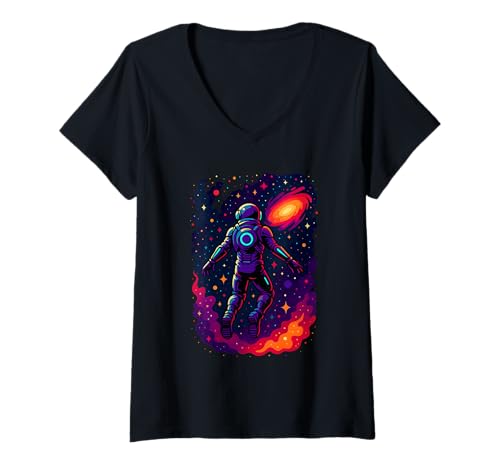 Damen Kosmischer Astronaut schwebt im bunten Raum T-Shirt mit V-Ausschnitt Damen Kosmischer Astronaut schwebt im bunten Raum T-Shirt mit V-Ausschnitt von Logiamerch Astronaut