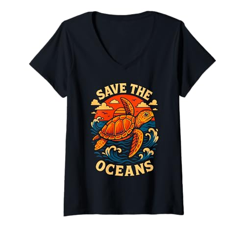 Damen Rettet die Ozeane, Schildkrötenkunst, Retro-Meer und Sonnenuntergang T-Shirt mit V-Ausschnitt Damen Rettet die Ozeane, Schildkrötenkunst, Retro-Meer und Sonnenuntergang T-Shirt mit V-Ausschnitt von Logiamerch Awareness