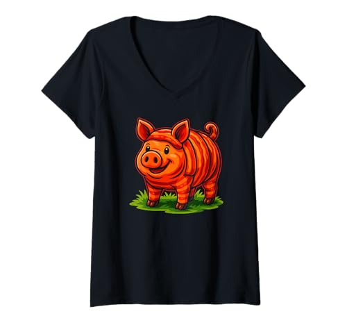 Damen Süßes lächelndes Schwein, verpackt in Speck, Liebesschweinchen T-Shirt mit V-Ausschnitt Damen Süßes lächelndes Schwein, verpackt in Speck, Liebesschweinchen T-Shirt mit V-Ausschnitt von Logiamerch Bacon