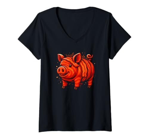 Damen Süßes lächelndes Schwein, verpackt in Speck, Liebesschweinchen T-Shirt mit V-Ausschnitt Damen Süßes lächelndes Schwein, verpackt in Speck, Liebesschweinchen T-Shirt mit V-Ausschnitt von Logiamerch Bacon