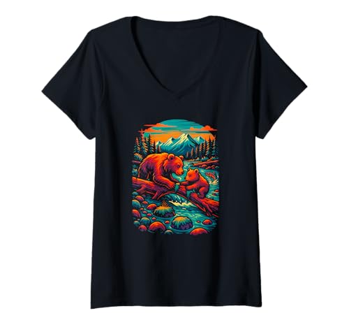 Damen Bär und Junges Outdoor Natur Kunst Love Bears T-Shirt mit V-Ausschnitt Damen Bär und Junges Outdoor Natur Kunst Love Bears T-Shirt mit V-Ausschnitt von Logiamerch Bear