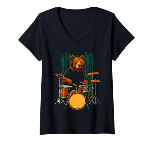 Damen Bär spielt Schlagzeug mit Kopfhörer im Wald Design T-Shirt mit V-Ausschnitt Damen Bär spielt Schlagzeug mit Kopfhörer im Wald Design T-Shirt mit V-Ausschnitt von Logiamerch Bears