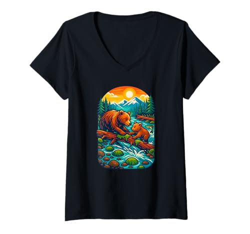 Damen Bär und Junges Outdoor Natur Kunst Love Bears T-Shirt mit V-Ausschnitt Damen Bär und Junges Outdoor Natur Kunst Love Bears T-Shirt mit V-Ausschnitt von Logiamerch Bears