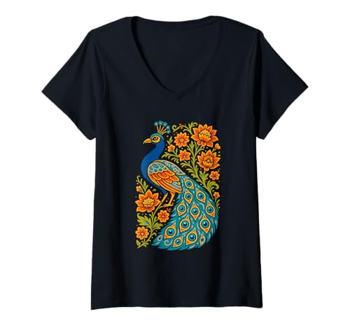 Damen Buntes Pfauen-Blumen-Kunstwerk, Liebe Tropische Vögel T-Shirt mit V-Ausschnitt Damen Buntes Pfauen-Blumen-Kunstwerk, Liebe Tropische Vögel T-Shirt mit V-Ausschnitt von Logiamerch Birds