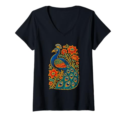 Damen Buntes Pfauen-Blumen-Kunstwerk, Liebe Tropische Vögel T-Shirt mit V-Ausschnitt Damen Buntes Pfauen-Blumen-Kunstwerk, Liebe Tropische Vögel T-Shirt mit V-Ausschnitt von Logiamerch Birds