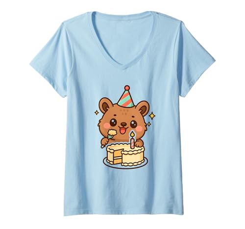 Damen Niedlicher Bären-Partyhut für Kuchen T-Shirt mit V-Ausschnitt Damen Niedlicher Bären-Partyhut für Kuchen T-Shirt mit V-Ausschnitt von Logiamerch Birthday