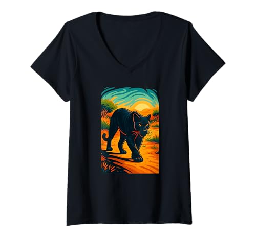 Damen Black Jaguar Panther Sunset Jungle Art Love Big Cats T-Shirt mit V-Ausschnitt Damen Black Jaguar Panther Sunset Jungle Art Love Big Cats T-Shirt mit V-Ausschnitt von Logiamerch Cats