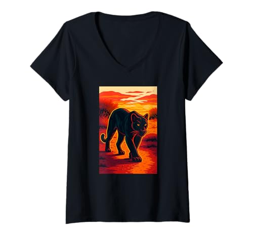 Damen Black Jaguar Panther Sunset Jungle Art Love Big Cats T-Shirt mit V-Ausschnitt Damen Black Jaguar Panther Sunset Jungle Art Love Big Cats T-Shirt mit V-Ausschnitt von Logiamerch Cats