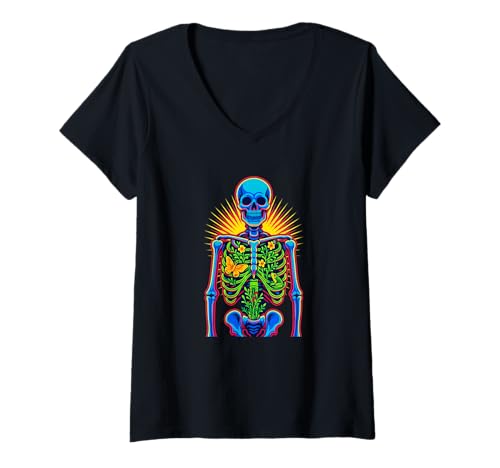 Damen Botanische Skelettstrahlung, psychedelische Natur, Anatomie T-Shirt mit V-Ausschnitt Damen Botanische Skelettstrahlung, psychedelische Natur, Anatomie T-Shirt mit V-Ausschnitt von Logiamerch Cats