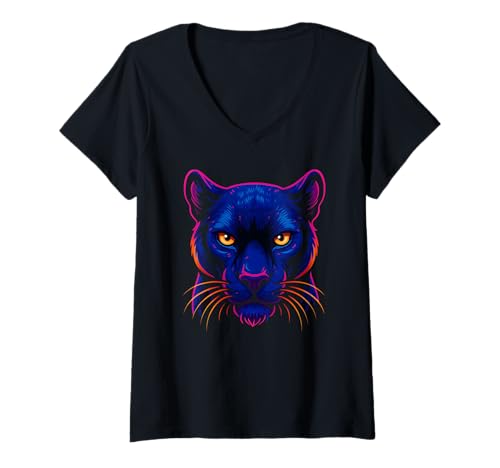 Damen Fierce Laguar Panther, Tribal-Stil, Love Big Cats T-Shirt mit V-Ausschnitt von Logiamerch Cats