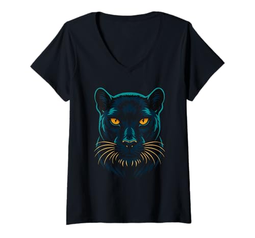 Damen Fierce Laguar Panther, Tribal-Stil, Love Big Cats T-Shirt mit V-Ausschnitt von Logiamerch Cats