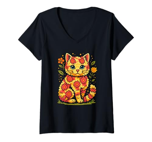 Damen Florale Katzenkunst, farbenfrohes Design T-Shirt mit V-Ausschnitt Damen Florale Katzenkunst, farbenfrohes Design T-Shirt mit V-Ausschnitt von Logiamerch Cats