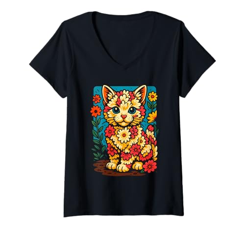 Damen Florale Katzenkunst, farbenfrohes Design T-Shirt mit V-Ausschnitt Damen Florale Katzenkunst, farbenfrohes Design T-Shirt mit V-Ausschnitt von Logiamerch Cats