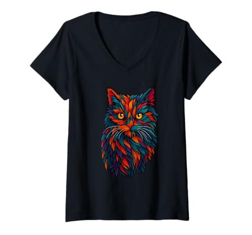 Damen Mystic Feline Cat Vibes, farbenfrohe Kunst im Stammesdschungel T-Shirt mit V-Ausschnitt von Logiamerch Cats