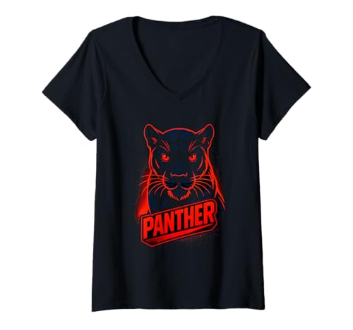 Damen Panther Leopard Kopf Illustration kühne Kunst Liebe Katzen T-Shirt mit V-Ausschnitt Damen Panther Leopard Kopf Illustration kühne Kunst Liebe Katzen T-Shirt mit V-Ausschnitt von Logiamerch Cats