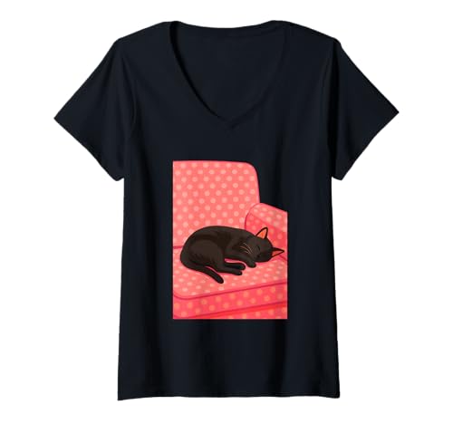 Damen Schwarze Katze schläft auf der Couch, gemütlicher Retro-Katzenliebhaber T-Shirt mit V-Ausschnitt Damen Schwarze Katze schläft auf der Couch, gemütlicher Retro-Katzenliebhaber T-Shirt mit V-Ausschnitt von Logiamerch Cats