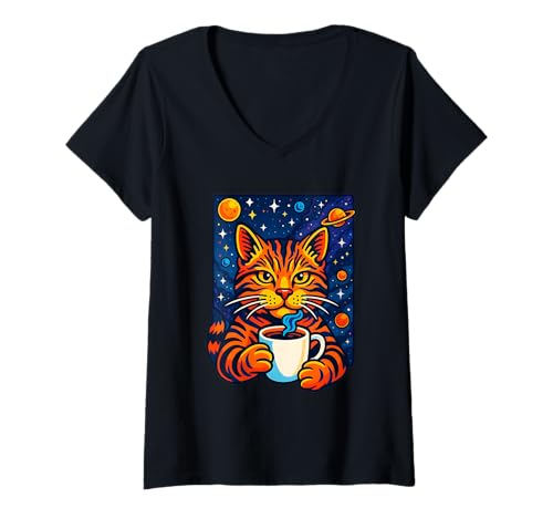Damen Space Cat trinkt Kaffee Cosmic Galaxy Art T-Shirt mit V-Ausschnitt Damen Space Cat trinkt Kaffee Cosmic Galaxy Art T-Shirt mit V-Ausschnitt von Logiamerch Cats