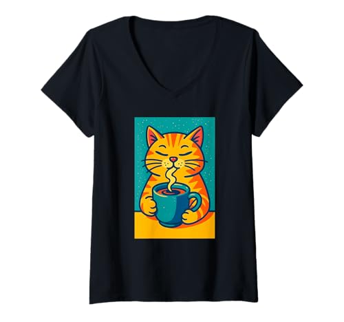 Damen Süße orangefarbene Katze, die Kaffee trinkt, Love Cats T-Shirt mit V-Ausschnitt von Logiamerch Cats