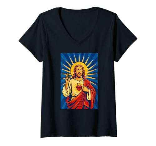 Damen Christliche religiöse Kunst Jesu T-Shirt mit V-Ausschnitt von Logiamerch Christian