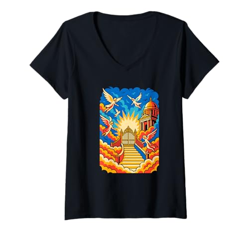 Damen Gates of Radiance, Christliche Himmelskunst, Jesus T-Shirt mit V-Ausschnitt von Logiamerch Christian