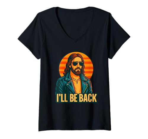 Damen I'll Be Back Lustiges Retro-Jesus, christliches Design T-Shirt mit V-Ausschnitt von Logiamerch Christian