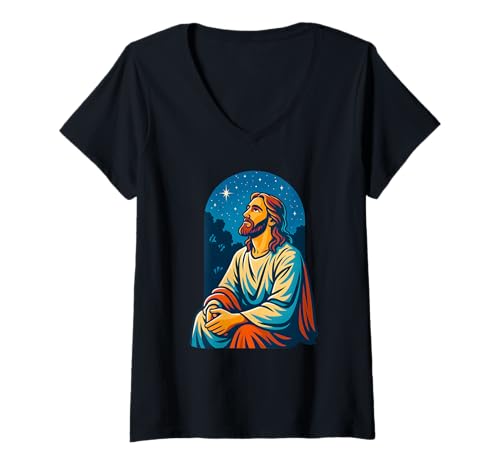 Damen Jesus Nacht Gebet Christliche religiöse Kunst T-Shirt mit V-Ausschnitt Damen Jesus Nacht Gebet Christliche religiöse Kunst T-Shirt mit V-Ausschnitt von Logiamerch Christian