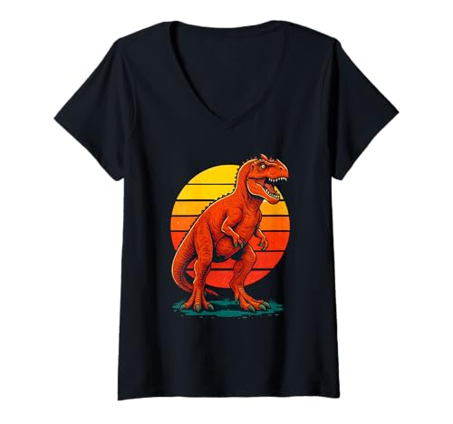 Damen Fierce T Rex Dinosaurier Retro Sonnenuntergang Design T-Shirt mit V-Ausschnitt von Logiamerch Dinosaurs
