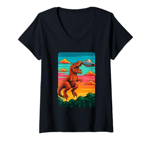 Damen T-Rex Dinosaurier Aigainst UFO Sonnenuntergang Sci-Fi Art Design T-Shirt mit V-Ausschnitt von Logiamerch Dinosaurs