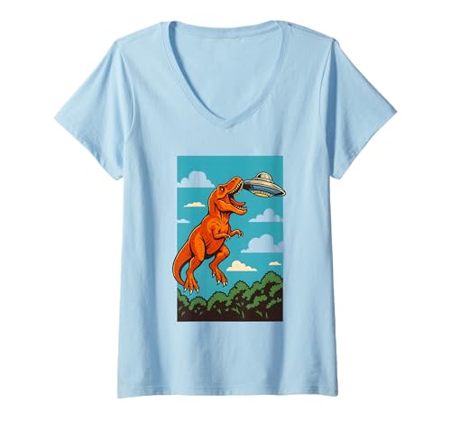 Damen T-Rex Dinosaurier vs UFO Sonnenuntergang Sci-Fi Art Design T-Shirt mit V-Ausschnitt von Logiamerch Dinosaurs