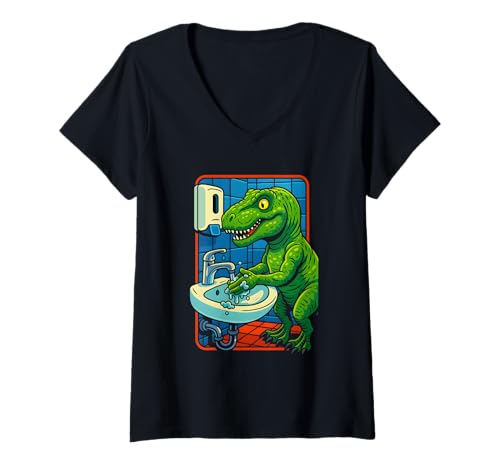 Damen T-Rex Händewaschen, lustige Dinosaurier-Kunst T-Shirt mit V-Ausschnitt von Logiamerch Dinosaurs