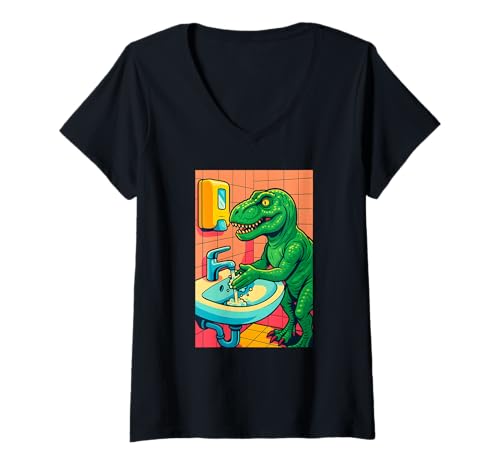 Damen T-Rex Händewaschen, lustige Dinosaurier-Kunst T-Shirt mit V-Ausschnitt von Logiamerch Dinosaurs