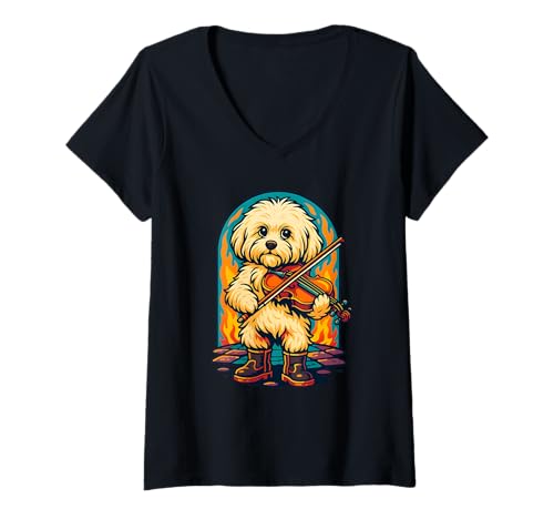 Damen Fluffy Dog Playing Violine, Love Dogs T-Shirt mit V-Ausschnitt Damen Fluffy Dog Playing Violine, Love Dogs T-Shirt mit V-Ausschnitt von Logiamerch Dogs