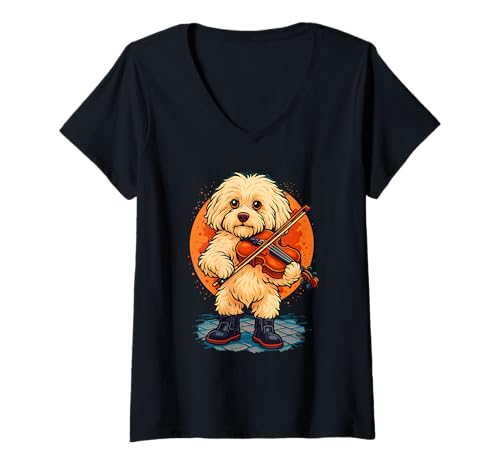 Damen Fluffy Dog Playing Violine, Love Dogs T-Shirt mit V-Ausschnitt von Logiamerch Dogs