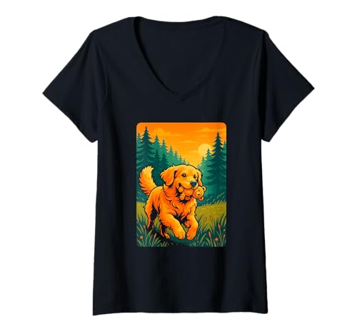 Damen Golden Retriever, fröhlicher Spaziergang bei Sonnenuntergang, Love Dogs T-Shirt mit V-Ausschnitt Damen Golden Retriever, fröhlicher Spaziergang bei Sonnenuntergang, Love Dogs T-Shirt mit V-Ausschnitt von Logiamerch Dogs