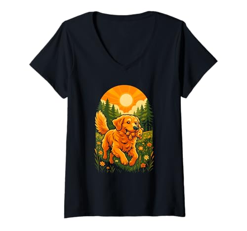 Damen Golden Retriever, fröhlicher Spaziergang bei Sonnenuntergang, Love Dogs T-Shirt mit V-Ausschnitt Damen Golden Retriever, fröhlicher Spaziergang bei Sonnenuntergang, Love Dogs T-Shirt mit V-Ausschnitt von Logiamerch Dogs