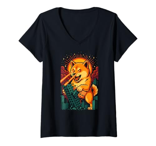 Damen Laser Eye Shiba Inu Destroying City, lustiges Hundedesign T-Shirt mit V-Ausschnitt Damen Laser Eye Shiba Inu Destroying City, lustiges Hundedesign T-Shirt mit V-Ausschnitt von Logiamerch Dogs