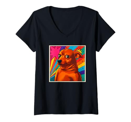 Damen Lustiger Hund Meme Pop Art bunt Retro Stil T-Shirt mit V-Ausschnitt Damen Lustiger Hund Meme Pop Art bunt Retro Stil T-Shirt mit V-Ausschnitt von Logiamerch Dogs