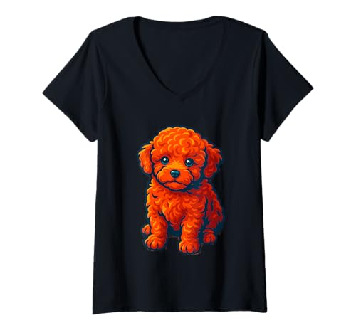 Damen Niedlicher Flauschiger Pudelwelpe, Liebeshunde T-Shirt mit V-Ausschnitt von Logiamerch Dogs