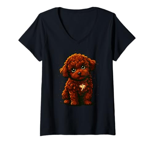 Damen Niedlicher brauner Pudelwelpe Hundeliebhaber Kunst T-Shirt mit V-Ausschnitt Damen Niedlicher brauner Pudelwelpe Hundeliebhaber Kunst T-Shirt mit V-Ausschnitt von Logiamerch Dogs