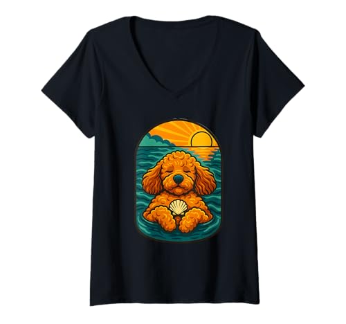 Damen Pudelhund bei Sonnenuntergang entspannt Sich im Meer T-Shirt mit V-Ausschnitt Damen Pudelhund bei Sonnenuntergang entspannt Sich im Meer T-Shirt mit V-Ausschnitt von Logiamerch Dogs